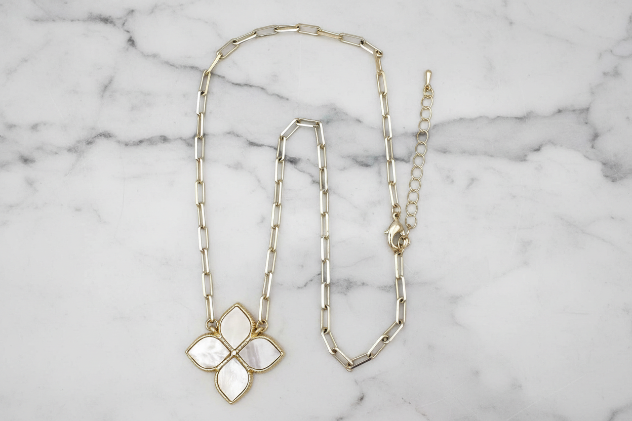 Gold Paperclip MOP Clover Necklace