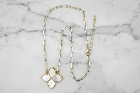 Gold Paperclip MOP Clover Necklace