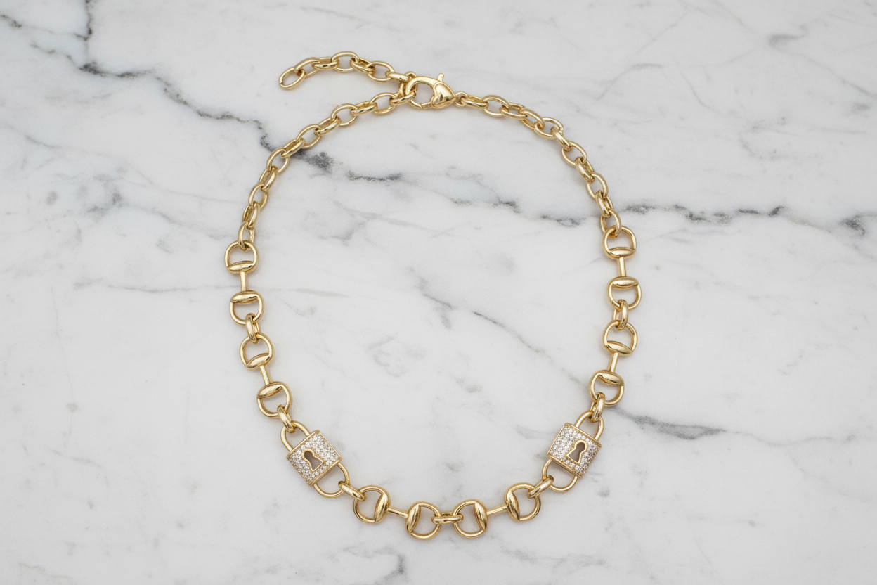 Gold Pave Horse Bit Lock Necklace