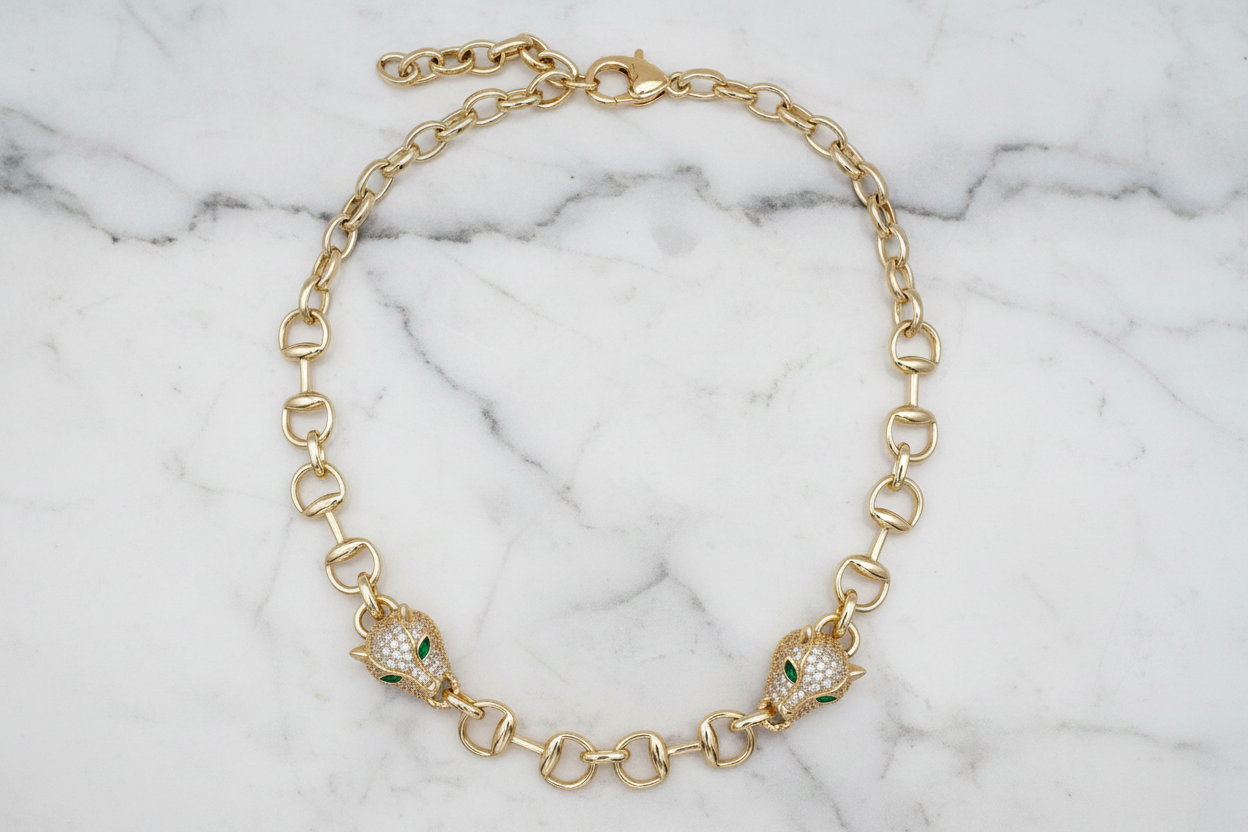 Gold Pave Horse Bit Panther Necklace