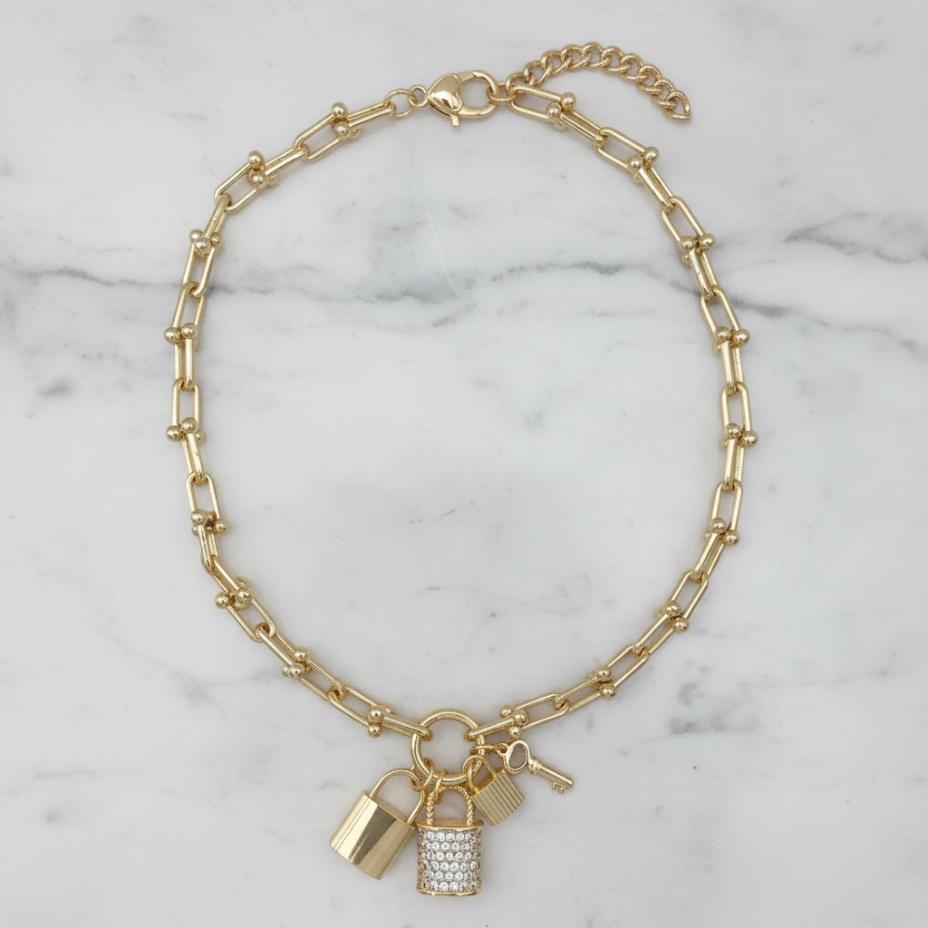 Gold Pave Lock Charm Necklace