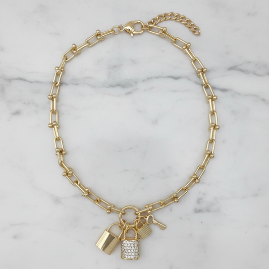 Gold Pave Lock Charm Necklace