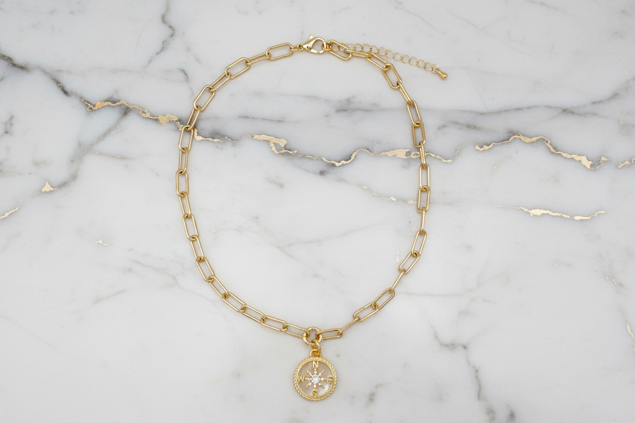 Gold Pave MOP Compass Necklace