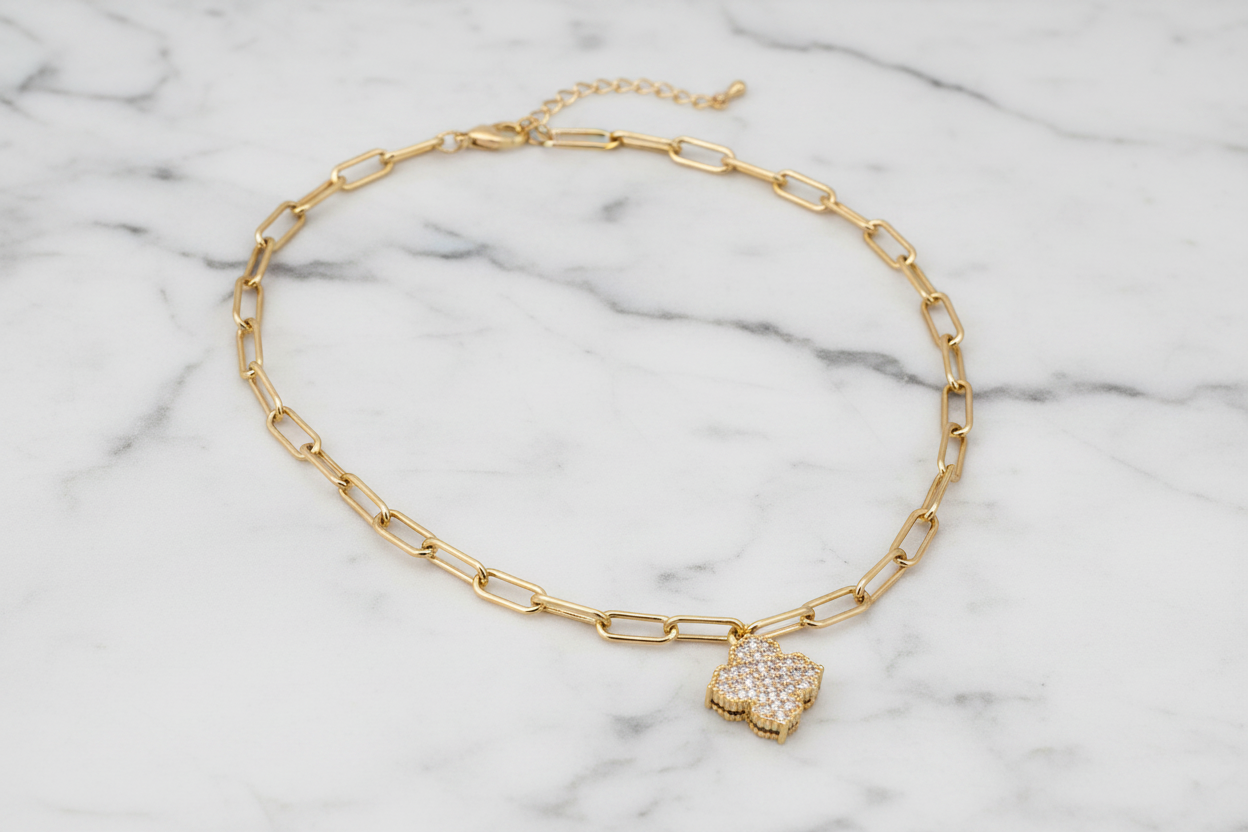 Gold Pave Paperclip Clover Necklace