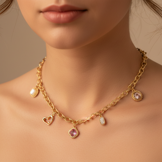 Gold Pave Pink Charm Necklace