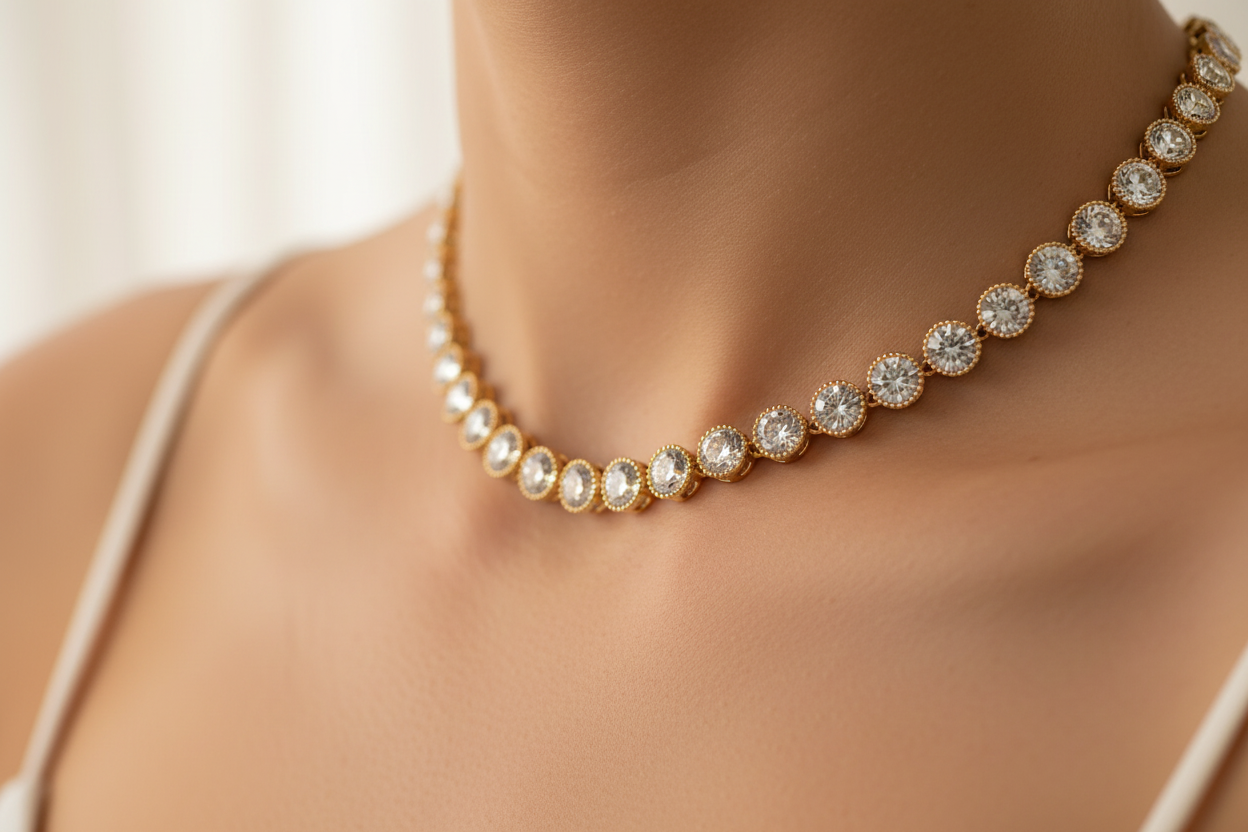 Gold Round Link Clear CZ Necklace