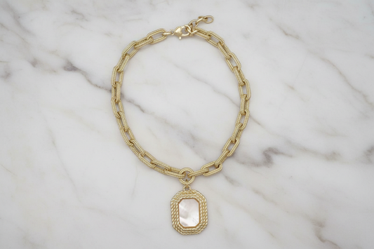Matte Gold Links Rectangle MOP Necklace
