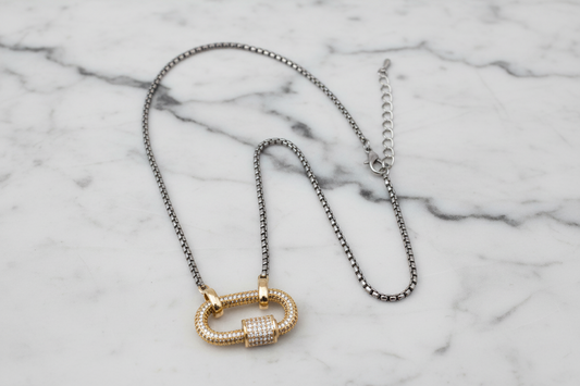 Two Tone Box Chain CZ Lock Necklace
