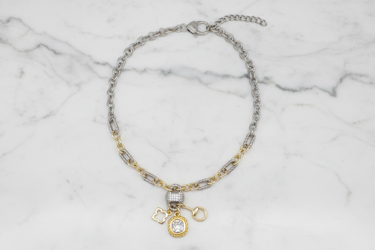 Two Tone CZ Link Charms Clover Necklace