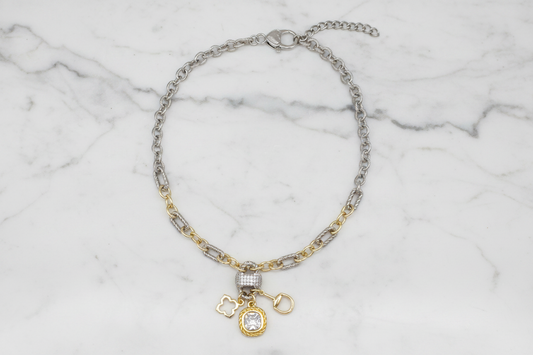 Two Tone CZ Link Charms Clover Necklace