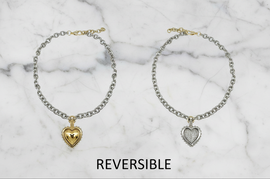 Two Tone CZ Pave Heart Reversible Necklace