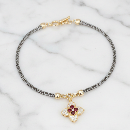 Two Tone Garnet Clover Pendant Necklace