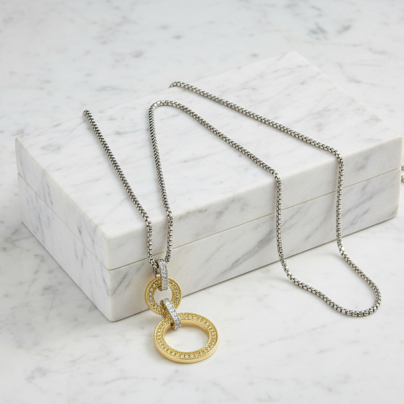 Two Tone Gold Ring CZ Necklace - 36"