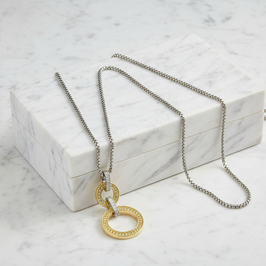 Two Tone Gold Ring CZ Necklace - 36"