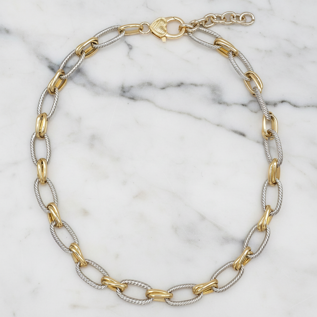 Two Tone Oval Cable Link Necklace 17"
