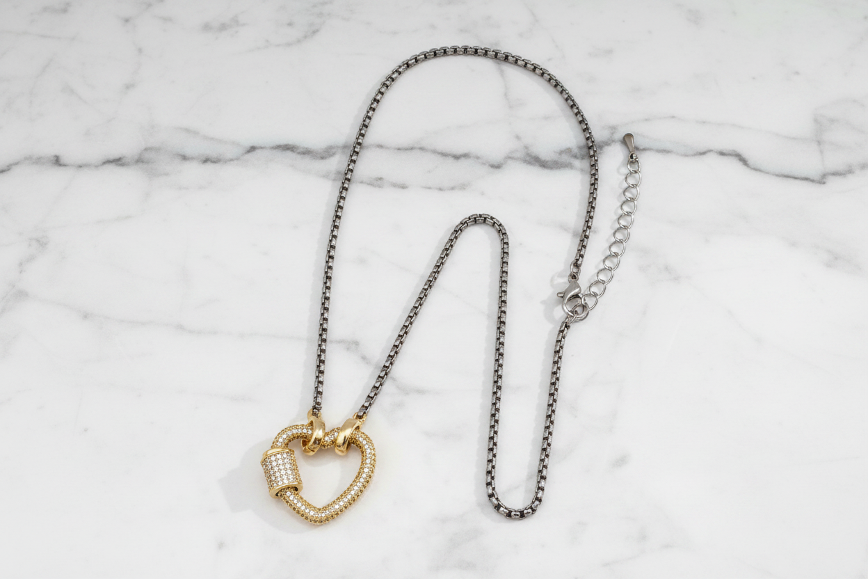 Two Tone Pave Box Chain Heart Necklace