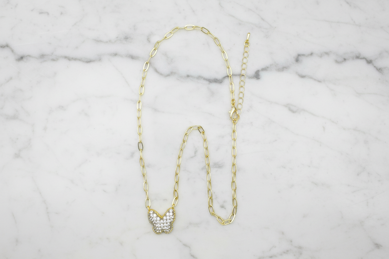 Two Tone Pave Butterfly Necklace