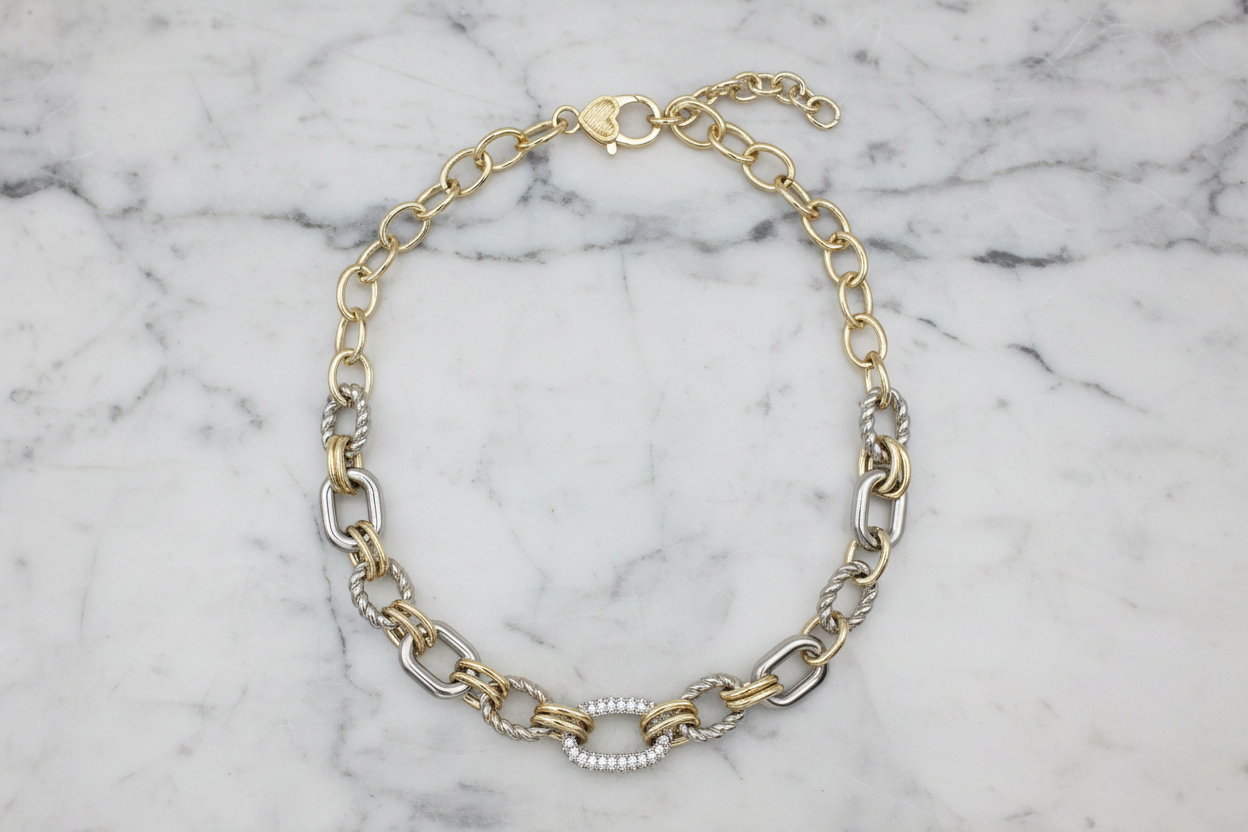 Two Tone Pave Cable Link Necklace