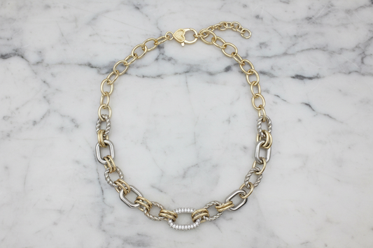 Two Tone Pave Cable Link Necklace