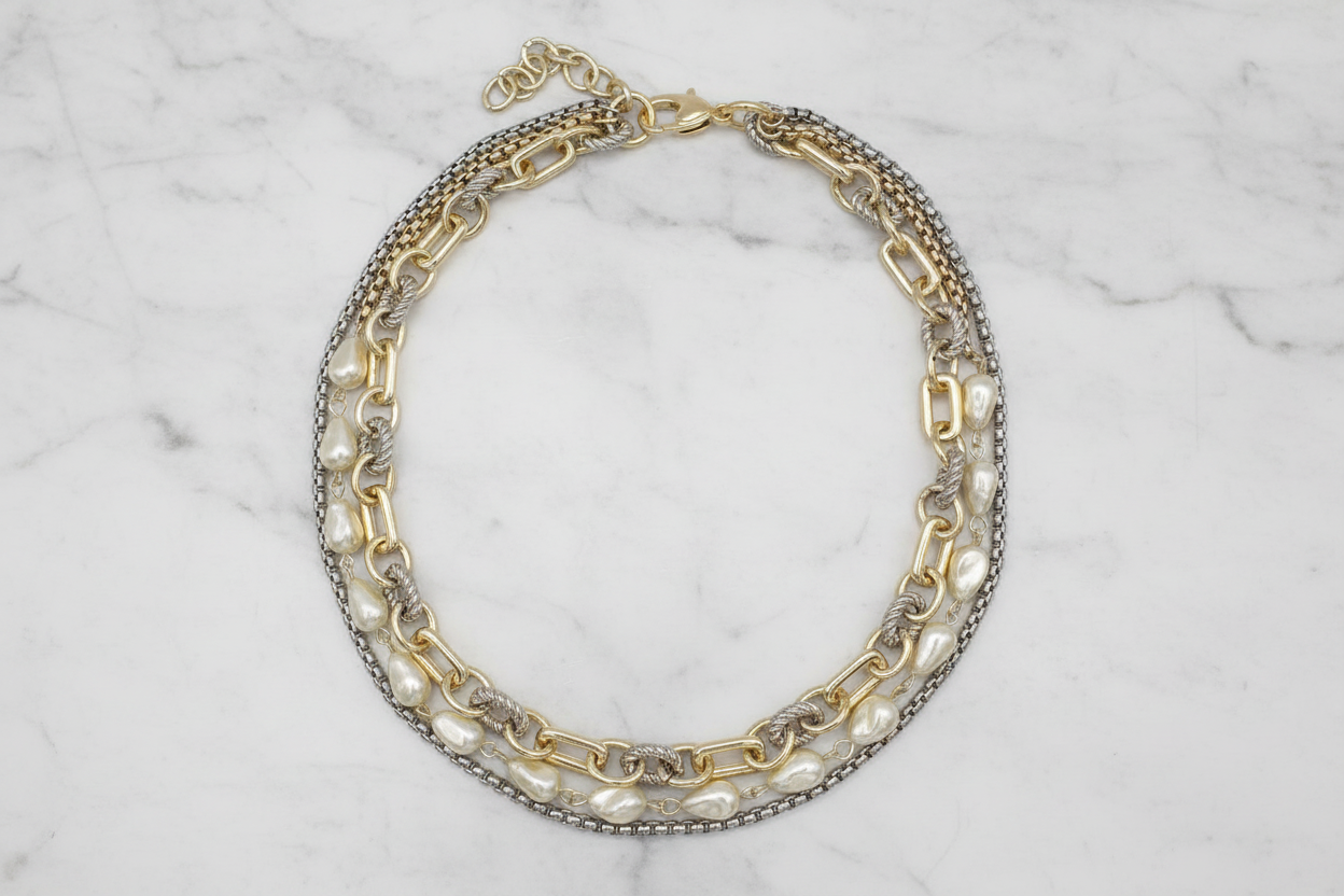 Two Tone Pearl 3-Row Necklace