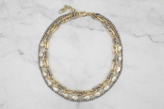 Two Tone Pearl 3-Row Necklace