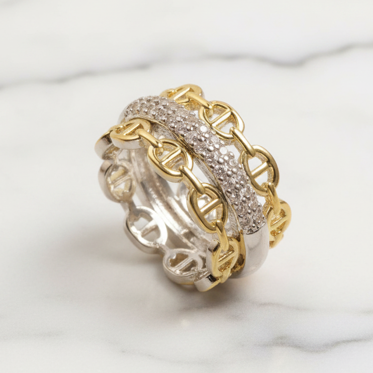 Two Tone CZ Link Band Ring