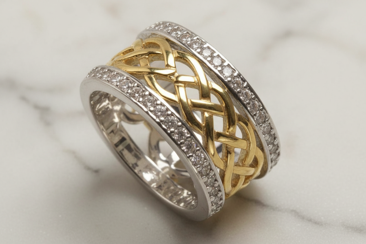 Two Tone Pave Cigar Band Link Ring