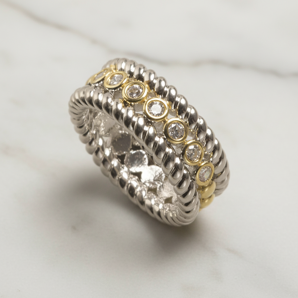 Two Tone Round Bend CZ Row Ring