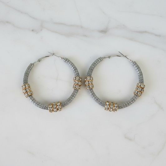 Two Tone Round CZ Hoop Earring