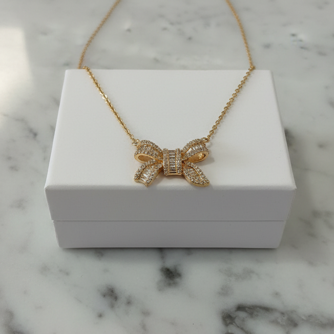 Baguette Bow CZ Necklace